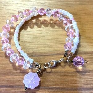 Pink and White Ladies Beaded Bracelet,  Double Strand Ladies Beaded Bracelet